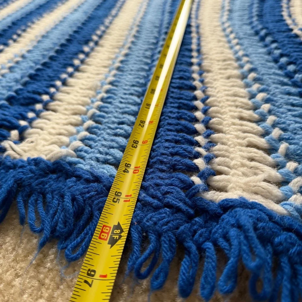 Vintage Handmade Crochet Afghan Blanket Blue White Striped Fringe Throw 97x47